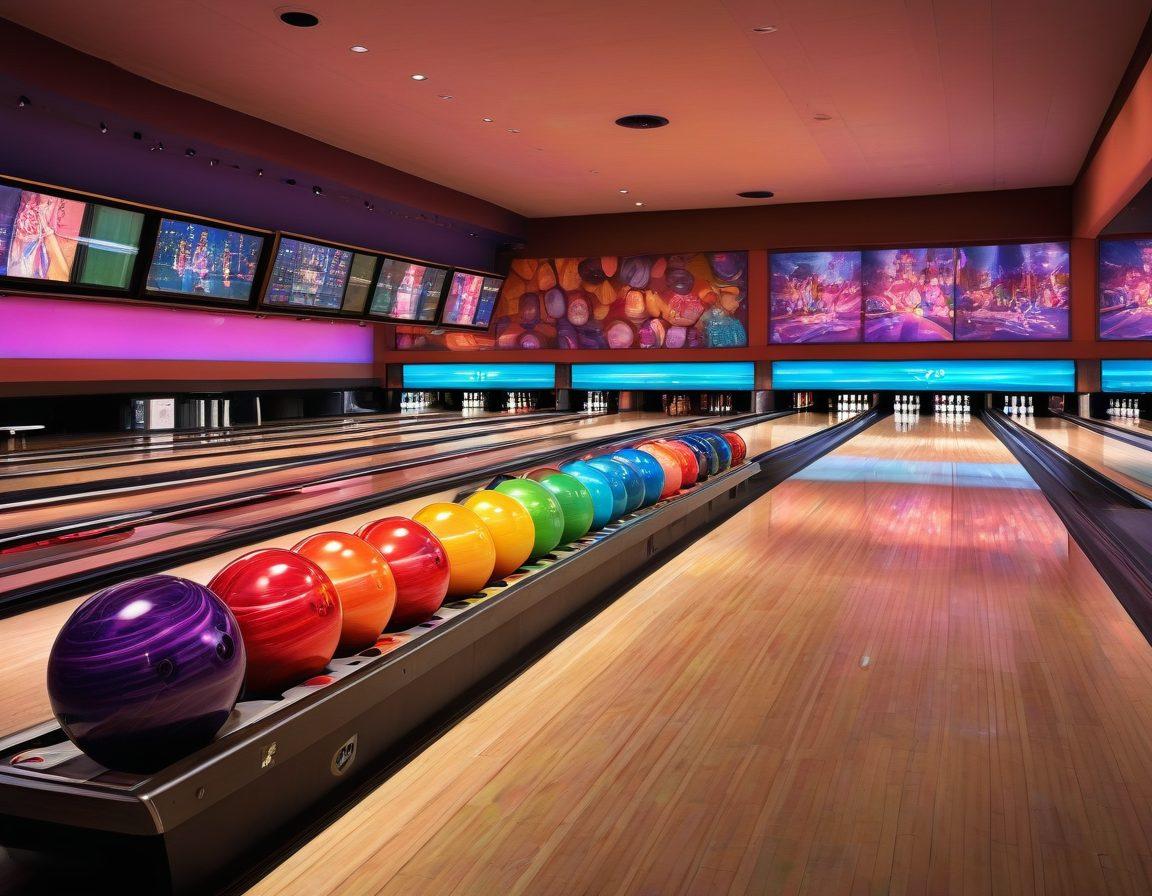 A vibrant bowling alley scene filled with enthusiastic bowlers of diverse backgrounds, showcasing various colorful bowling gear such as custom balls and stylish shoes. Include tournament banners and a scoreboard highlighting scores, with cheerful spectators in the background enjoying the atmosphere. Bright neon lights reflect off the polished lanes creating a fun and energetic vibe. super-realistic. vibrant colors.