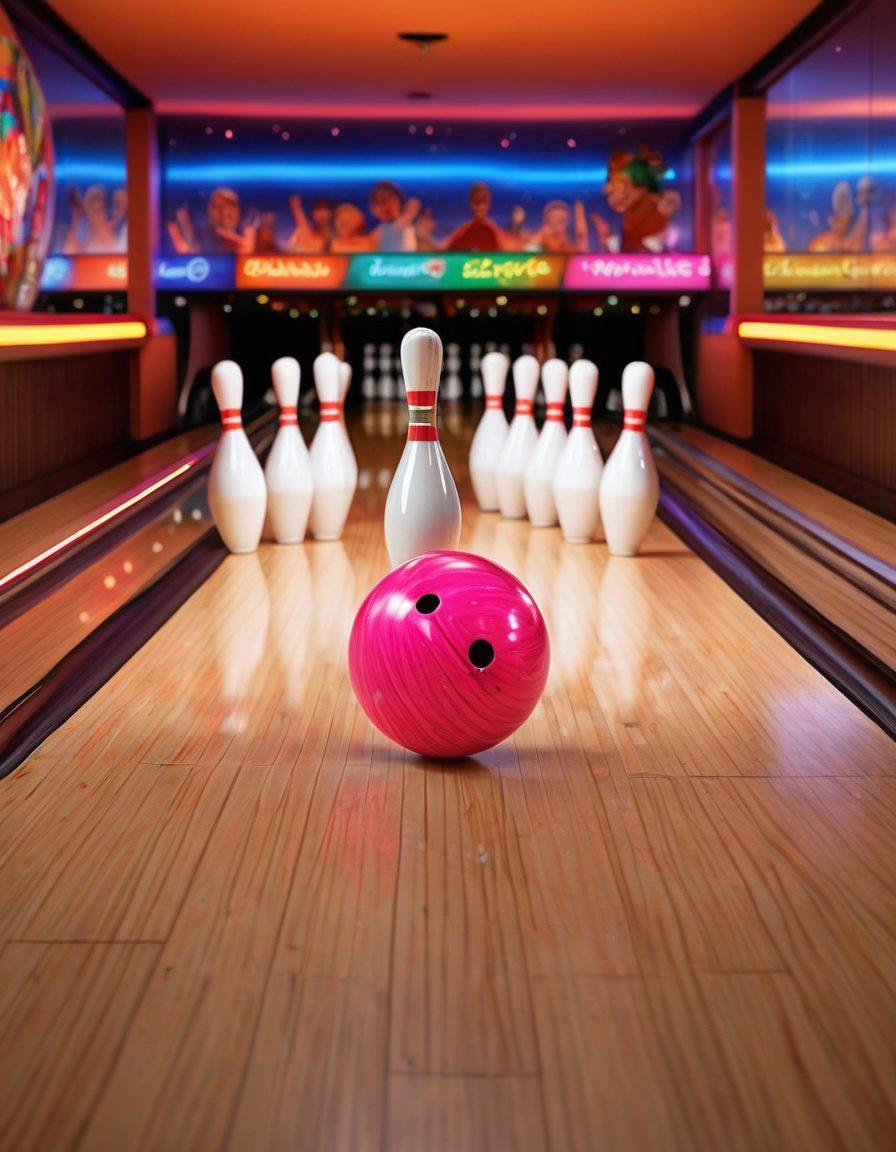 A lively bowling scene with players joyfully celebrating strikes, colorful bowling pins flying across the lane, and enthusiastic fans cheering in the background. Incorporate a vibrant bowling alley with neon lights and dynamic motion blur to convey excitement. Use bold colors to enhance the atmosphere of fun and camaraderie. 3D style. vibrant colors.